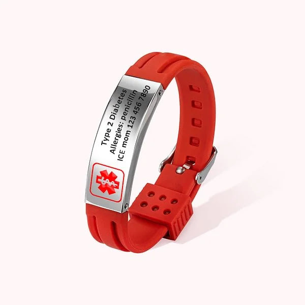 Personalized Emergency Medical Alert Silicone Waterproof Band with Stainless Steel ID Tag Bracelet
