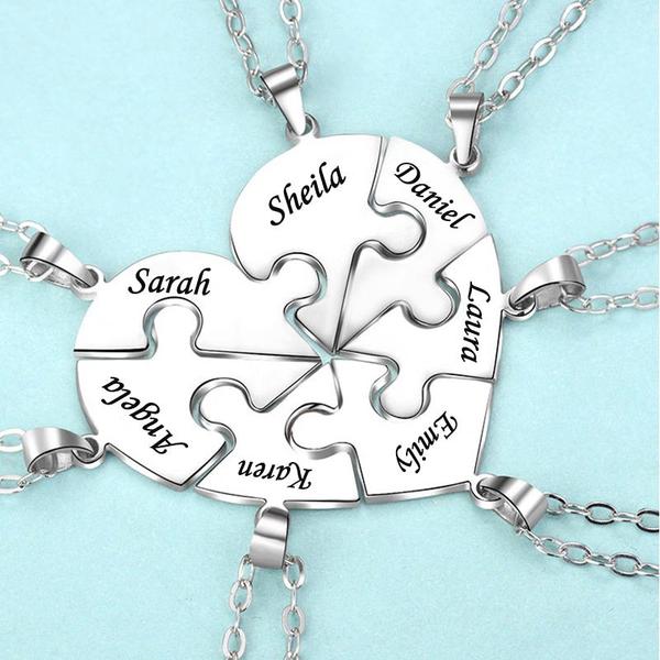Christmas Family 2 - 8 Pieces Heart Pendant Puzzle Necklace, Bracelet, Keychian