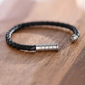 Engraved Black Braided Leather ﻿Bracelet for Men